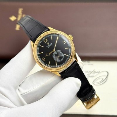 Rolex Perpetual 1908 Yellow Fake Watch Black Dial Leather Strap 39mm